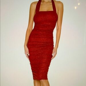 NWOT Superdown kelise Red glitter halter BODYCON ruched Midi Dress
